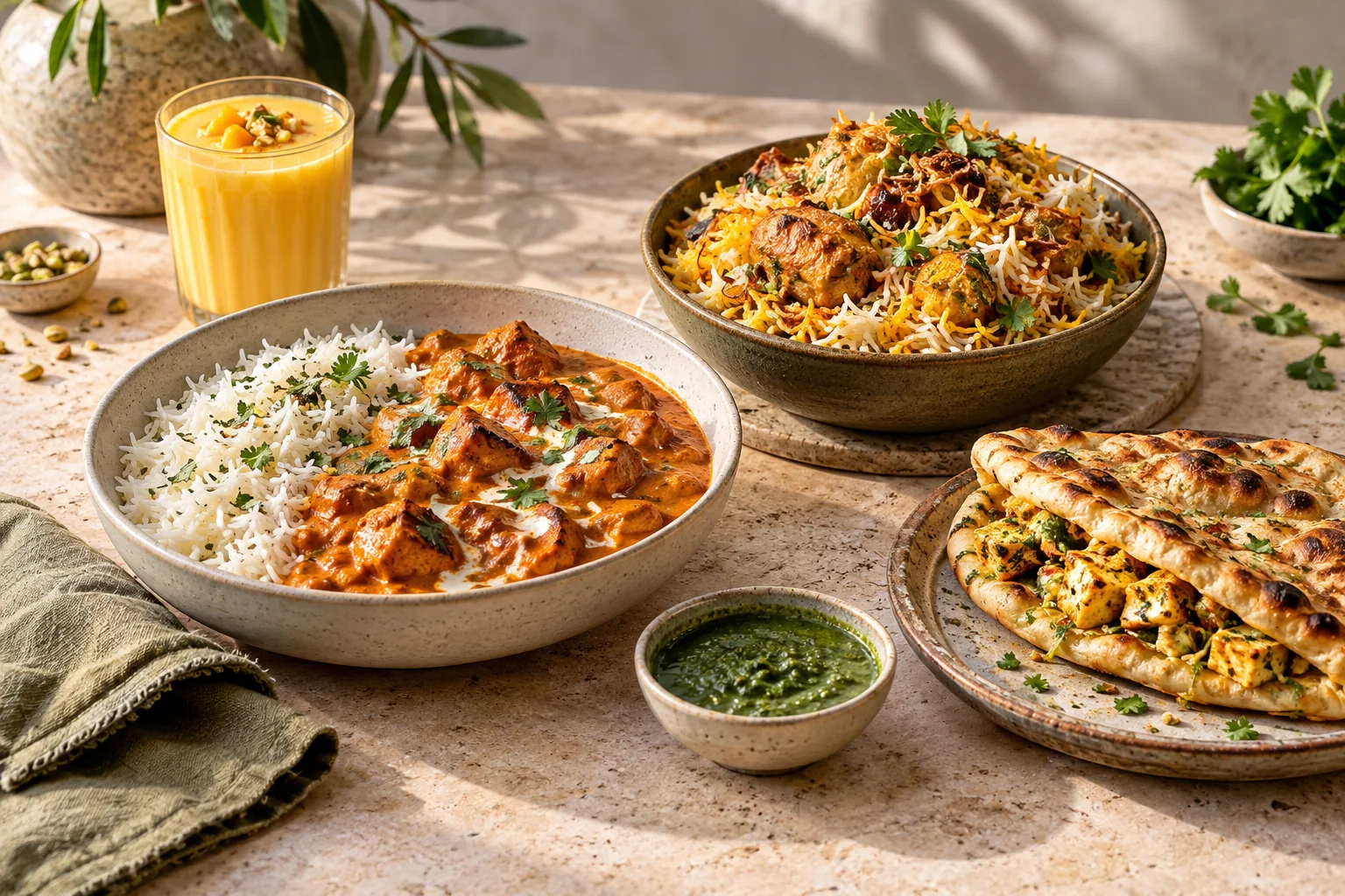 A table of curry, biryani, naan pocket and mango lassi