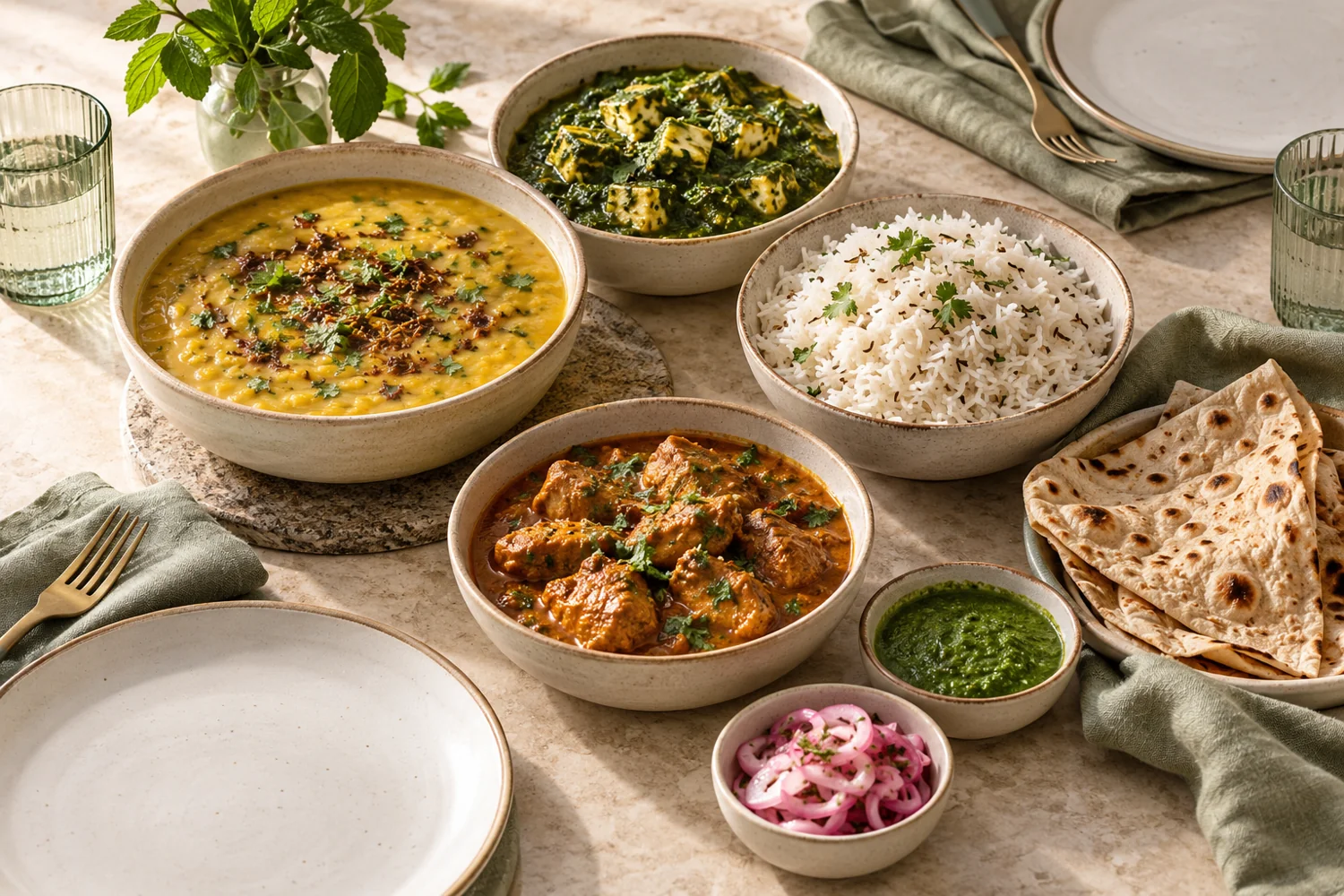 Dal, saag paneer, curry, rice and roti laid out for a shared meal