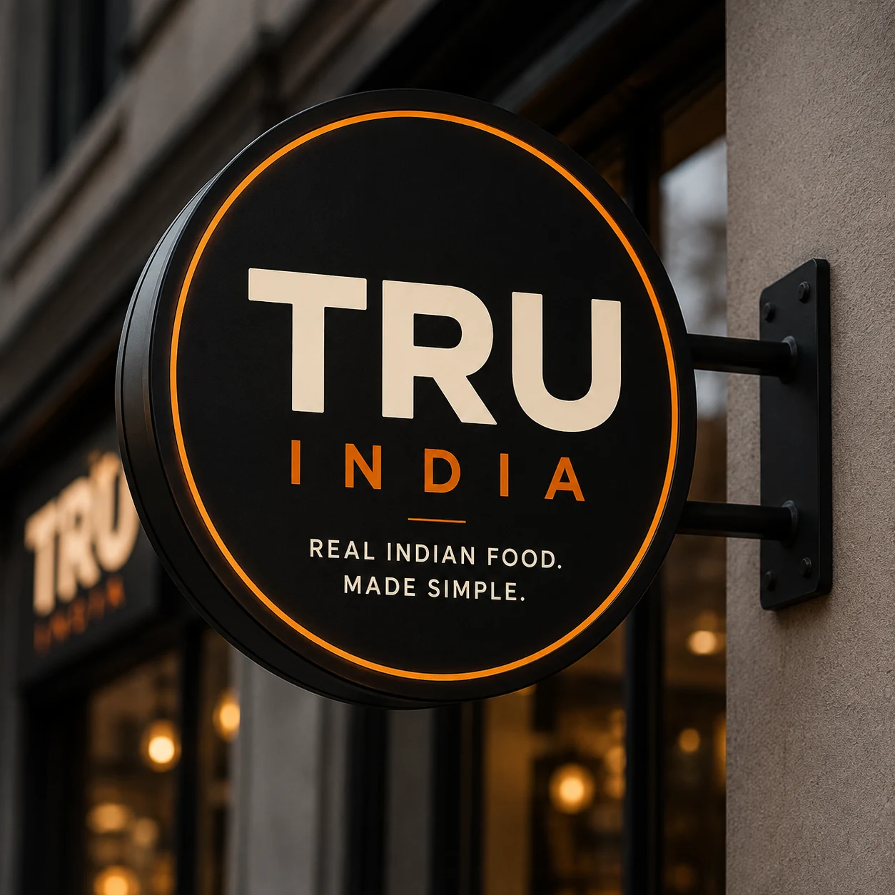 TRU India circular illuminated shop sign on a stone wall
