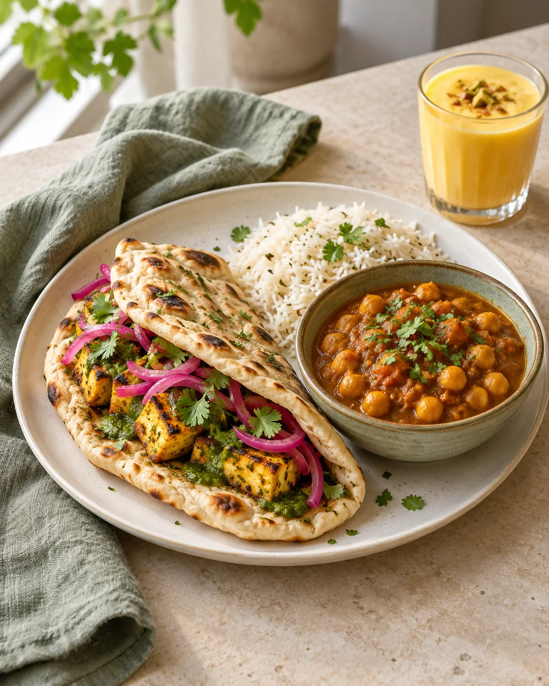 Naan pocket, chickpea curry, rice and mango lassi